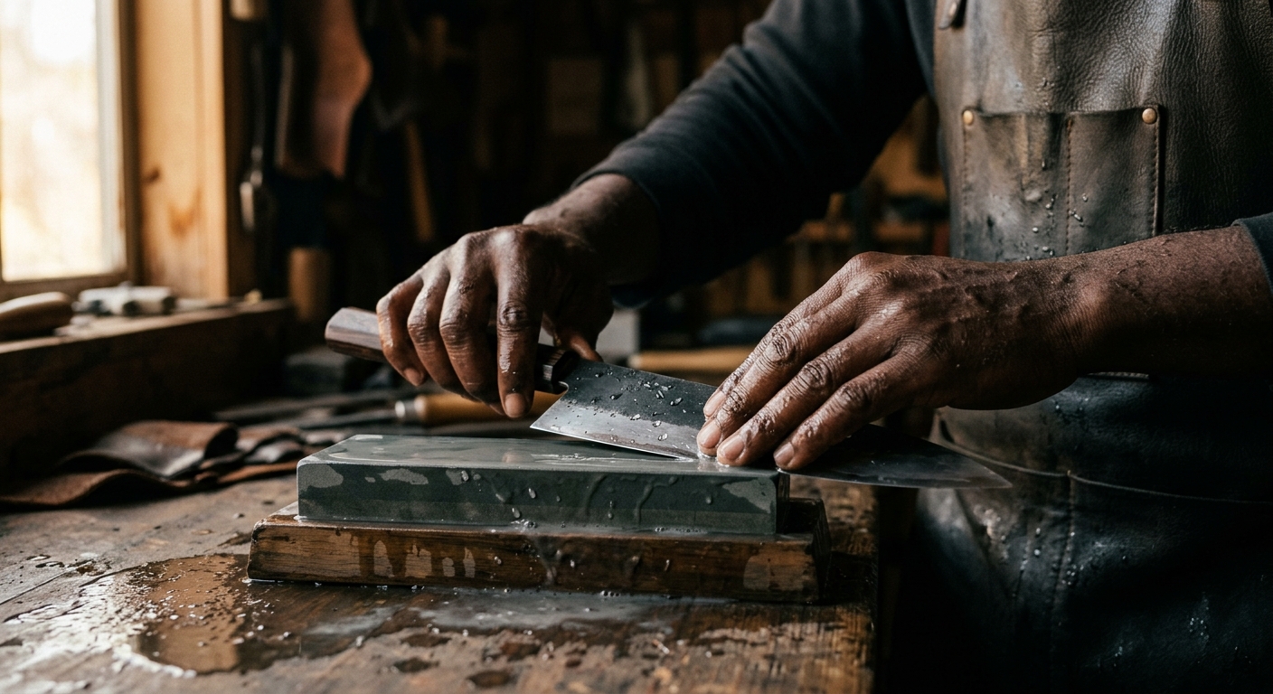 Hands sharpening a blade, printed as a cobalt duotone plate